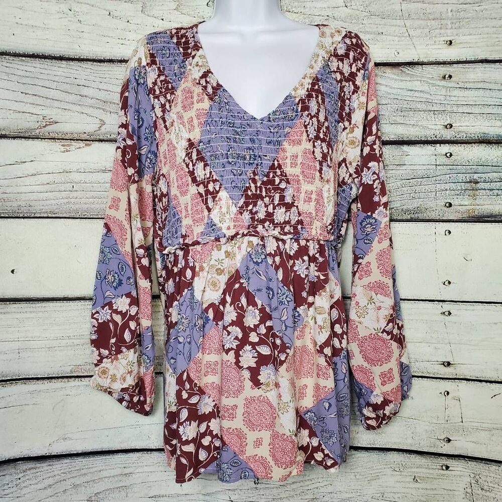 Maurices Women’s Boho Patchwork Floral Smocked Tunic Top Size 0X